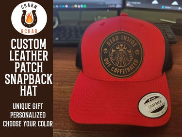 Dead Inside but Caffeinated Leather Patch Trucker Hat - Trucker Hat - Charm and Char